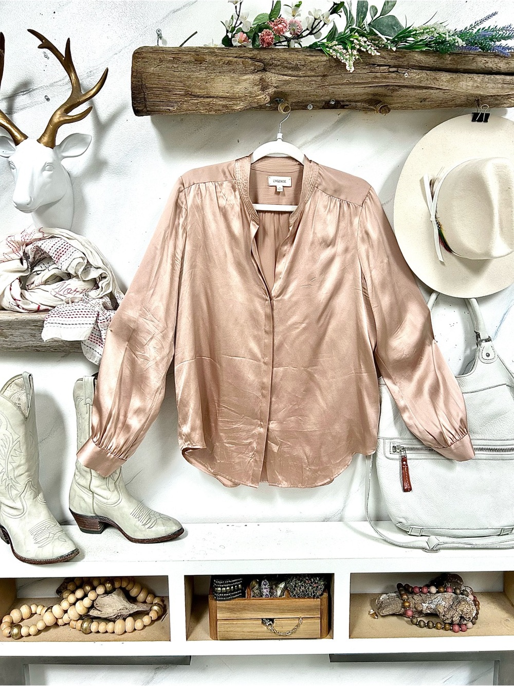 Silk L'AGENCE Rose Gold Blouse w luxury via at resort vibe